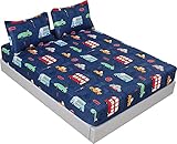 MAG 3Pcs Cartoon Car Fitted Bed Sheet, Queen Size Fitted Bed Sheet for Toddler Kids, Boys and Girls, Blue Color (Queen, Blue)