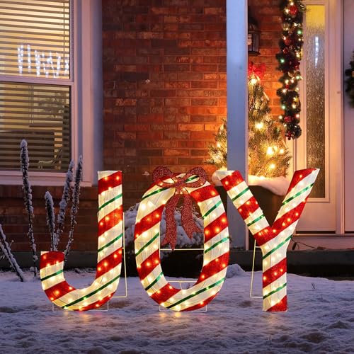 Glitzhome 3-Piece Christmas Joy Yard Decoration, 36‘’H Lighted Outdoor Joy