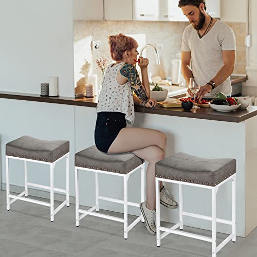 Bar Stools Set Of 2, Counter Height Bar Stools With Soft Cushion Bar Stools ​And Barstools Steel Frame, 24" Modern Saddle Stool For Bar, Stools For Kitchen Counter Support 300 Lbs (Grey+White) #TOP1