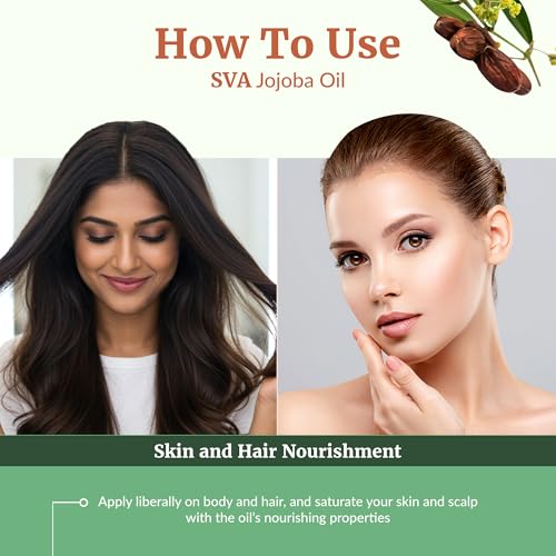 Image of SVA Organic Jojoba Seed Carrier Oil with Dropper, 4 Fl Oz (118 ml) | Jojoba Oil for Skin Care, Facial Oil, Hair Care, Scalp Massage, Nail Care, Body Massage & DIY Beauty Blends, Glass Bottle