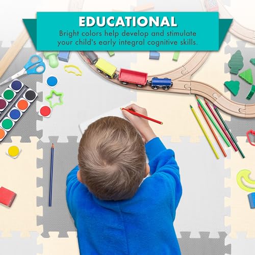 Image of ProSource Baby Play Mat, Soft Foam Floor Tiles for Kids, Interlocking EVA Panels for Playpen Use, Crawling Development Surface, Safe Non-Toxic Toddler Flooring, 36 Tiles, White /Gray /Beige
