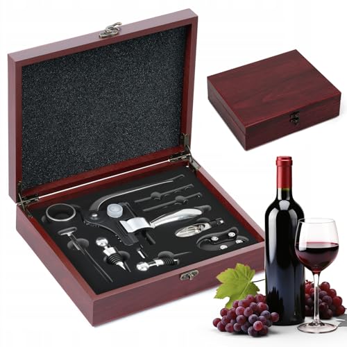 Korkenzieher Wein Set, Korkenzieher Set mit Griff aus Zinklegierung, Sommelier Set, Deluxe Weinöffner Zubehör 9 Teilen mit Dunklem Kirschholz Kasten, Weinflaschenöffner Geschenkidee für Weinliebhaber