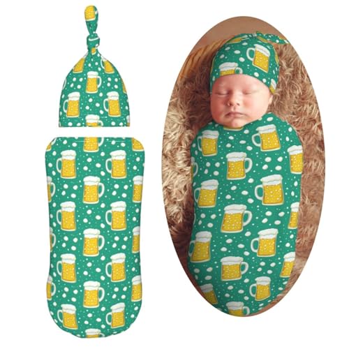 Image of Cartoon Beer Mugs Newborn Swaddle Blankets Hat Sets Soft Baby Receiving Blanket Swaddle Sack for Baby Shower Infant Boy Girl Gift
