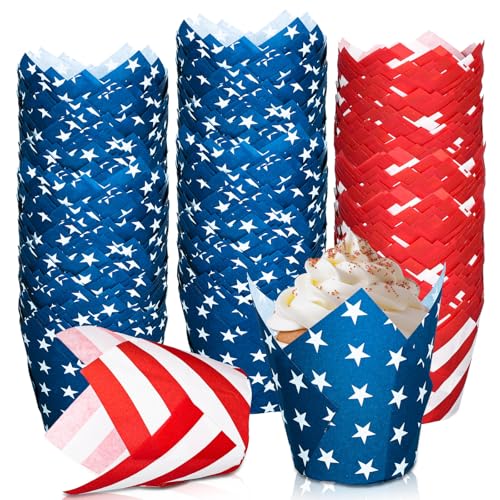 JarThenaAMCS 200Pcs Patriotic July 4th Tulip Cupcake Liners Red Blue White Stars Stripes Muffin Baking Cups Independence Day Cupcake Wrappers for Memorial Day Party Supplies Table Decor