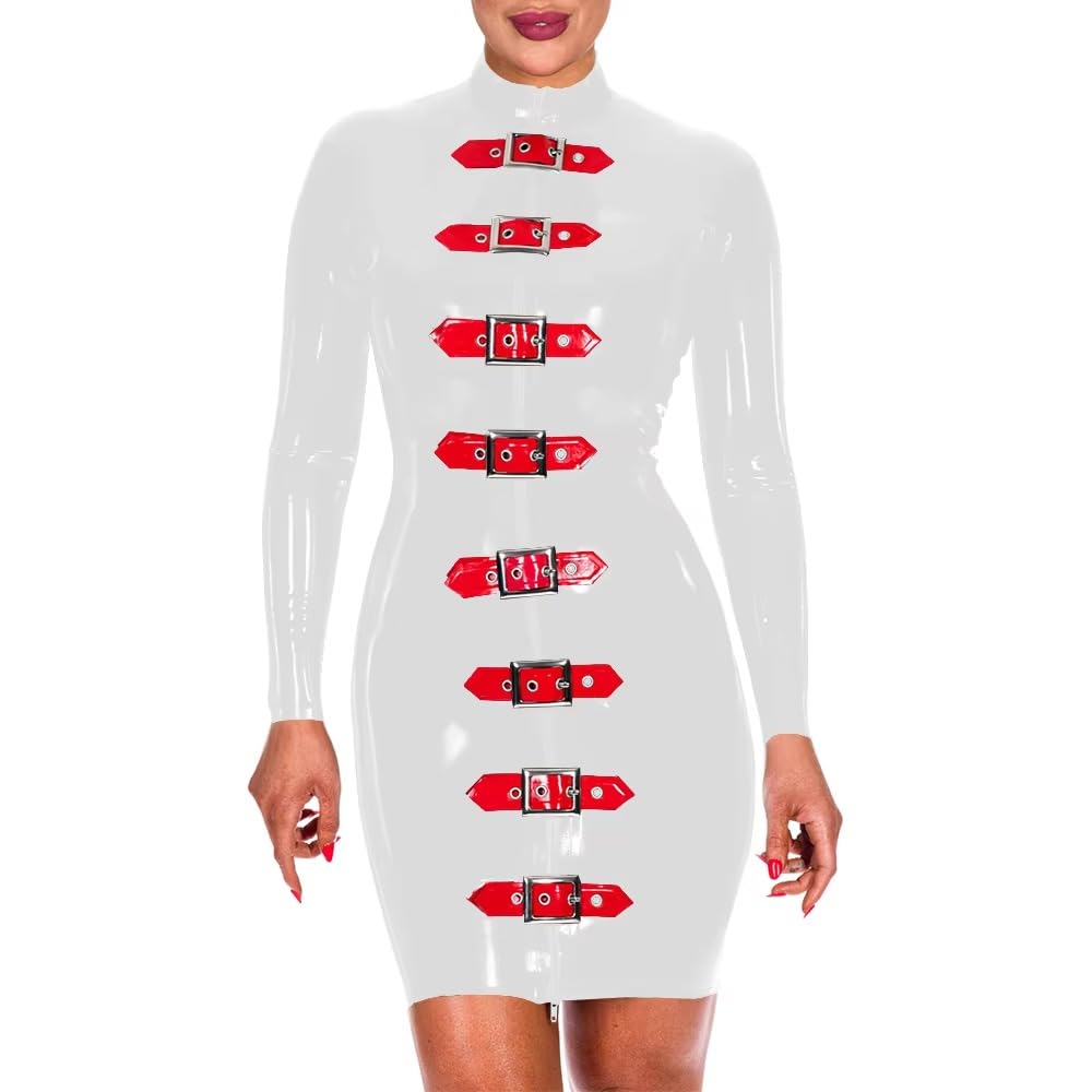 Bodyocn Wetlook Dress PVC Leather Buckles Zipper Front Slim Dress Sissy Sexy Skinny Dresses
