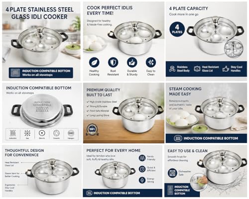 Image of Ankur Gold Stainless Steel Idli Cooker with Glass Lid | 4 Idli Plates (Regular Idli Plates) | Induction Compatible Bottom | Food Grade Stainless Steel Idli Maker | Steamer for Soft Idli