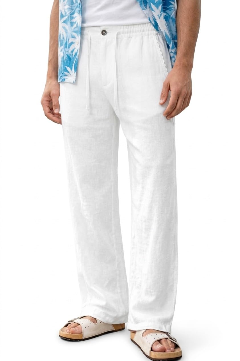 ekomvibez Men’s Linen Pants | Breathable Summer Trousers with Drawstring Waist | Relaxed Fit Casual Beach & Travel Wear | Lightweight Cotton Linen Pants – White-picture-15
