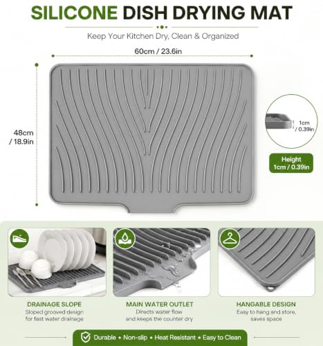 Image of Homeze Extra-Large Silicone Dish Drying Mat 60x48cm - Non-Slip Draining Board Mat for Kitchen Counter, Heat-Resistant & Rollable Drying Mat for Dishes, Utensils & Cookware