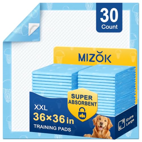 Image of MIZOK 36x36in Dog Pee Pads Jumbo Disposable Dog Training Pads Super Absorbent Up to 11 Cups Marine Scented Odor-Control Dog Pads with Jellyfish Pattern, Quick Dry & Leak-Proof (30 Counts)