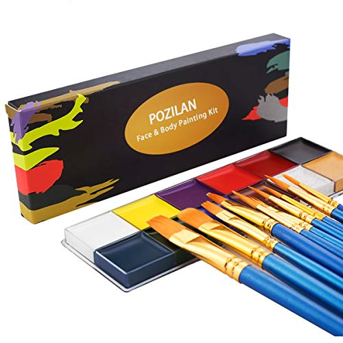 Professional Face Body Painting Kits, Non Toxic Face Color Paint, Halloween Kids Face Paint Palette & Performance Art Makeup for Men Women, Easy to Paint and Wash(12 Colors+ 10 Brushes)