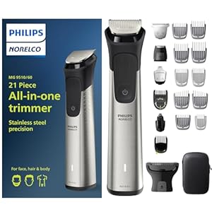 Philips Norelco Multigroom Series 9000 – 21 piece Men’s Grooming Kit for beard, body, face, nose, ear hair trimmer w/ premium storage case, MG9510/60