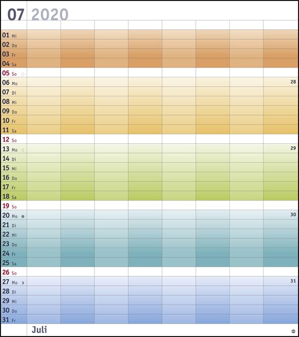 Bunte Wochen Planer XXL. Wandkalender 2020. Monatskalendarium. Spiralbindung. Format 40 x 45 cm
