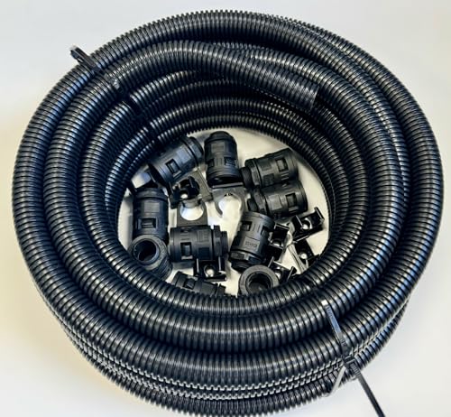 Black 20mm Flexible Conduit Contractor Pack 10 Metre Length &10-Glands &10-Spring Clip Saddles Complete Installation Pack. Underground Burial External Trunking Electrical Ducting Cable protection