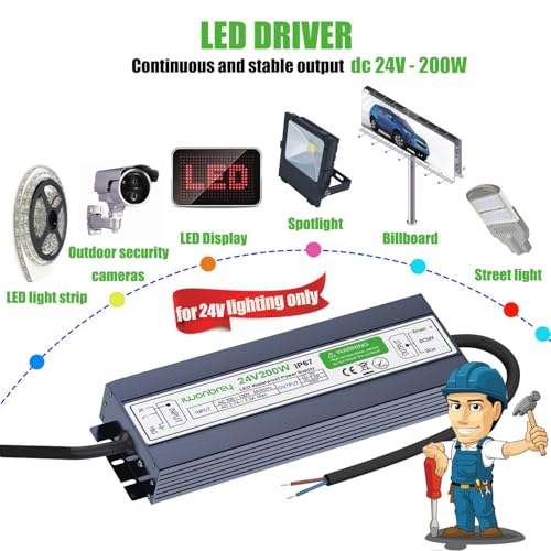 Image of LED Driver 200 Watts 24V DC Low Voltage Transformer, Waterproof IP67 LED Power Supply, Adapter with 3-Prong Plug 3.3 Feet Cable for Any 24V DC led Lights, Computer Project, Outdoor Light