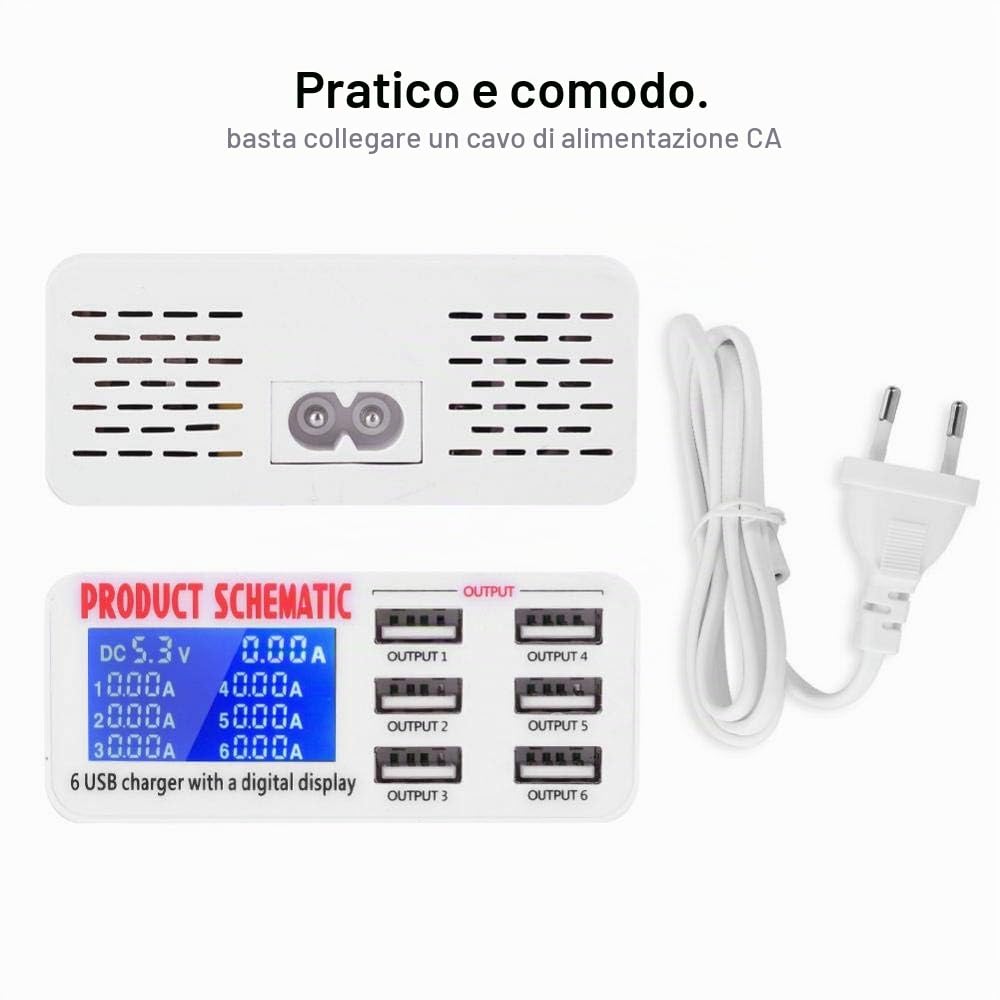 Estink Caricatore USB 6 Porte 6A con LCD | Schermo LCD, 6 porte, 6A, per cellulari e tablet, spina EU