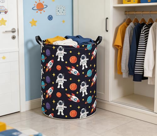 Image of Baby Laundry Basket Kids Hamper Toy Storage Bin for Boys Room Decor Baby Nursery Hamper Gift Baskets for Bedroom Bathroom(Blue Astronaut)