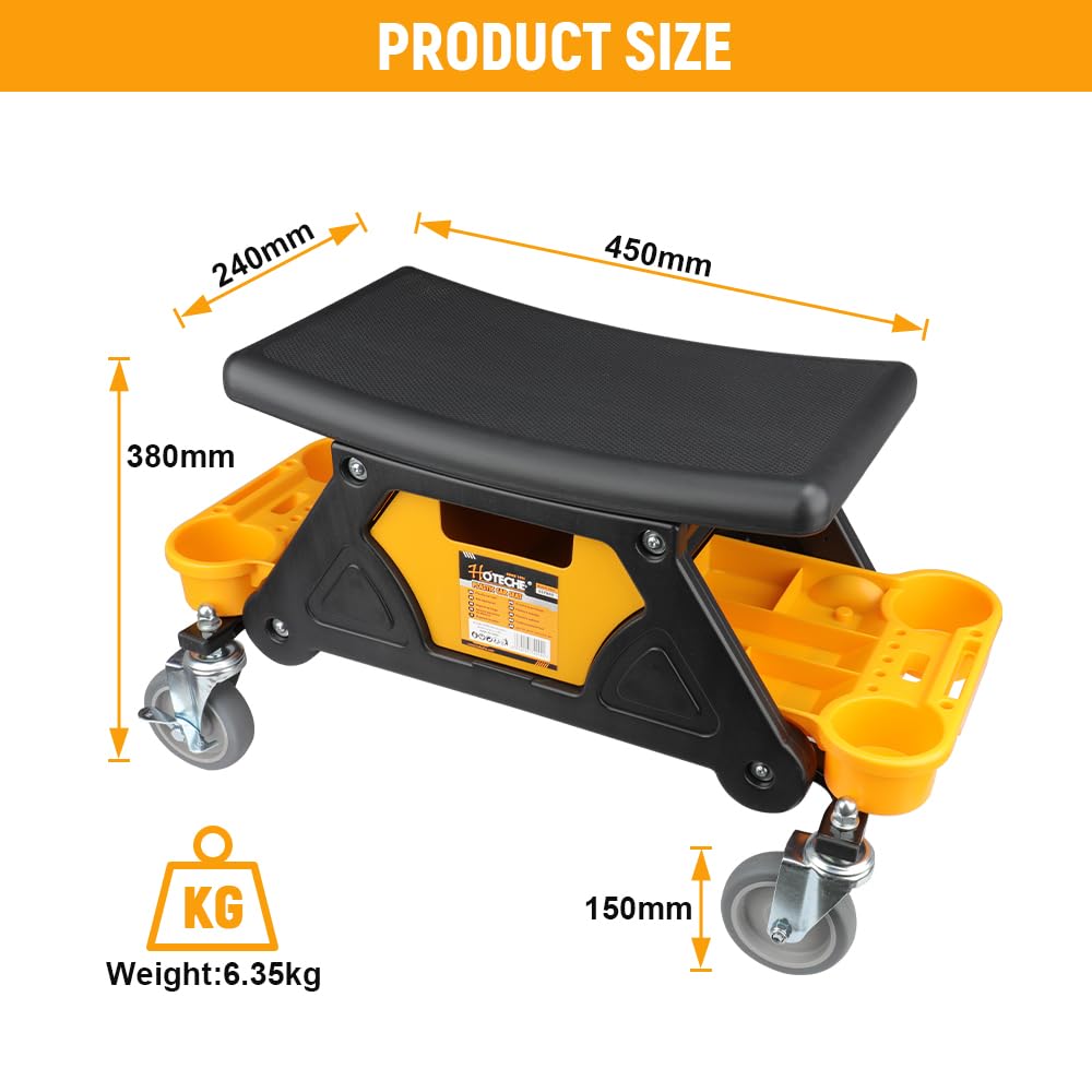 Hoteche Taburete de Taller Taburete de plástico para reparación de automóviles | Diseño de PP Negro con cajón y Compartimento para Herramientas Amarillo | 650x250x380mm | 6,16 kg de Peso