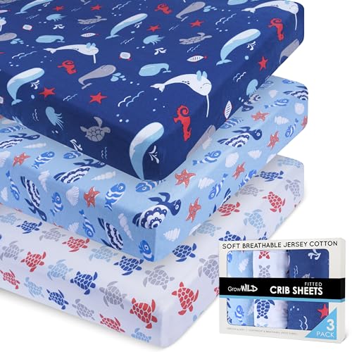 Image of Fitted Nautical Crib Sheets (3 Pack) by GROW WILD - Jersey Knit Cotton Crib Sheets for Boys, Toddler Bed Mattress & Baby Boy Crib Bedding Set, 52” x 28” x 9” Crib Sheets (Blue Ocean)