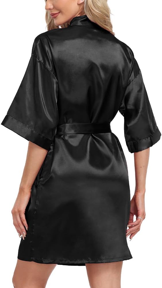 Women's Short Robe Silky Satin Pure Color Bathrobe Bridesmaid Bride Party Kimono V-Neck Sleepwear with Pockets - Image 4