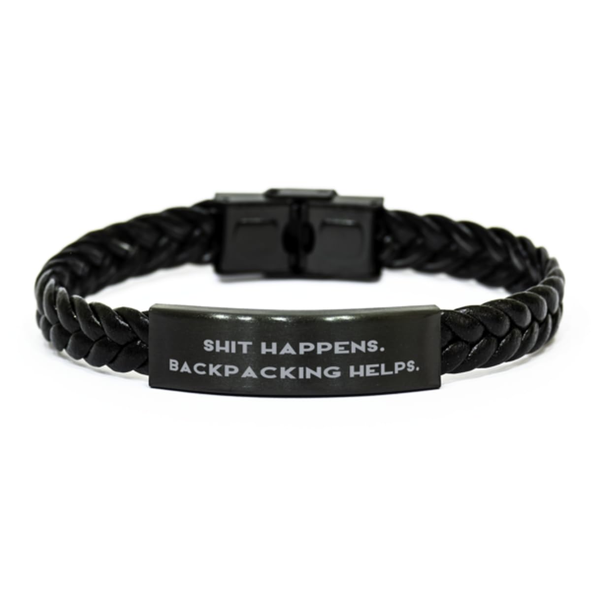 Nice Backpacking Braided Leather Bracelet, Shit Happens. Backpacking Helps, Cute Engraved Bracelet For Friends From Friends, Appreciation gifts for backpacking enthusiasts, Gifts for those who