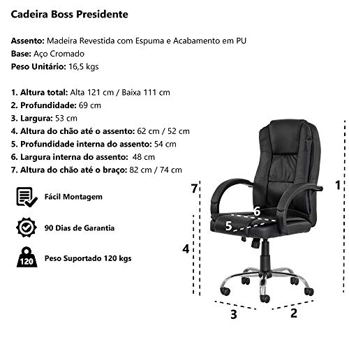 Cadeira Escritório Boss Presidente Preta Base Giratória Cromada Altura Ajustável