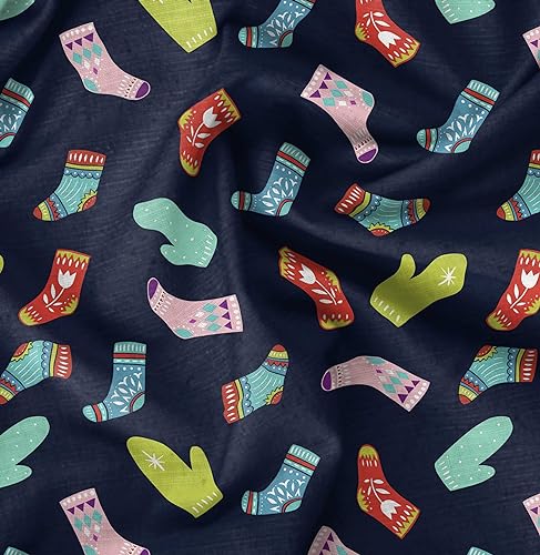 Image of Soimoi Blue Poly Georgette Fabric Socks & Gloves Folk Art Print Fabric by Meter 52 Inch Wide