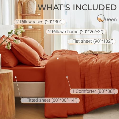 Image of MUXHOMO 7 Pieces Queen Comforter Set, Seersucker Bed in a Bag Queen Size, All Season Luxury Bedding Set with Comforter, Flat Sheet, Fitted Sheet, Pillowcases & Shams, Burnt Orange