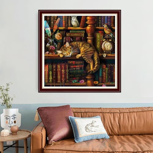 Image of Joyhoor Cross Stitch Kits for Beginners Stamped Cross-Stitch Supplies Needlework preprint Embroidery Kits for Adults DIY Needlepoint Kit Embroidery Patterns 11CT-Bookshelf Cat 18x18 inch