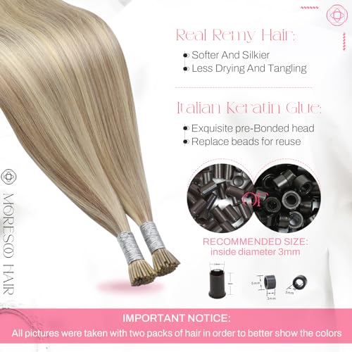 Image of Moresoo I Tip Hair Extensions Human Hair, Golden Ash Blonde, 14 Inch | 40g 50 strands, lightweight wear, golden ash blend, fine hair, natural fullness, reusable I tip installation