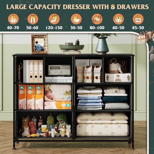 Image of WLIVE Dresser for Bedroom with 8 Drawers, Wide Fabric Dresser for Storage and Organization, Bedroom Dressers, Chest of Drawers for Living Room, Closet, Hallway, Vintage Green
