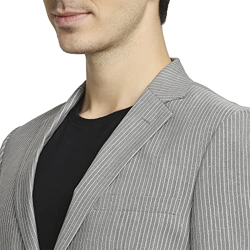 Image of Colorplus Men's Contemporary Fit Terry Rayon Blend Notch Collar Herringbone Pattern Full Sleeve Navy Casual Blazer