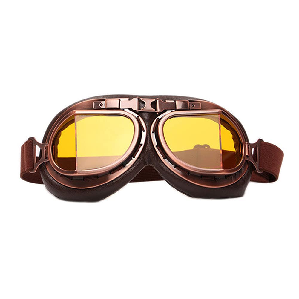ShenSai Motorcycle Goggles Pilot Style Cruiser Scooter Bike Cosplay Goggles Leather Aviator Glasses ATV Outdoor Eyewear - Yellow