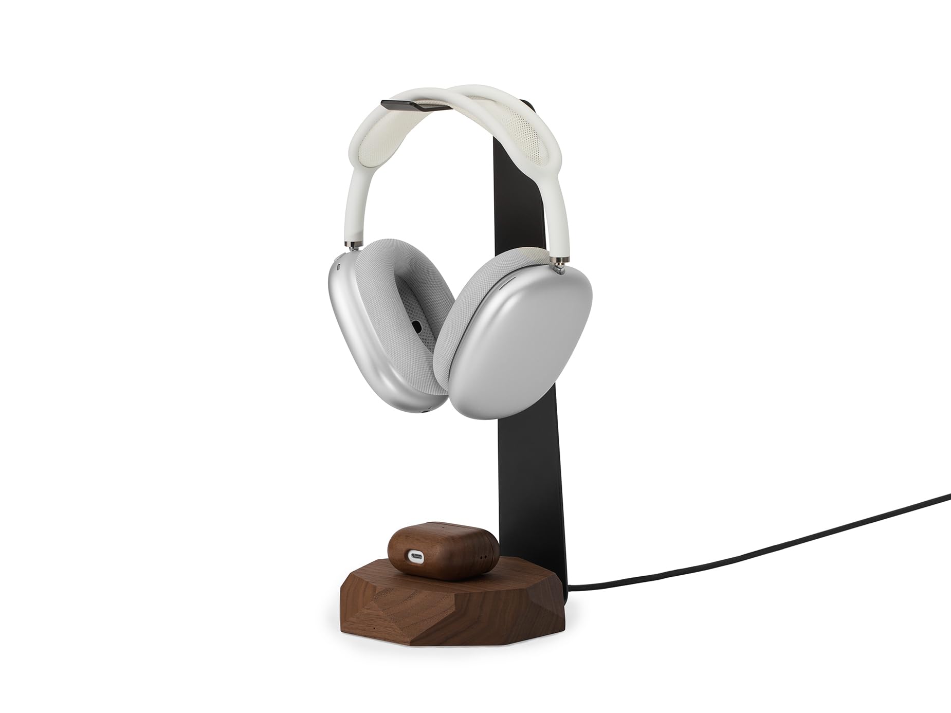 Oakywood 2-in-1-Kopfhörerständer mit Kabellosem Ladegerät aus Holz - Handgefertigter Headset-Halter und Ladegerät 15-W-Ladegerät - Stahl und Naturholz Walnuss