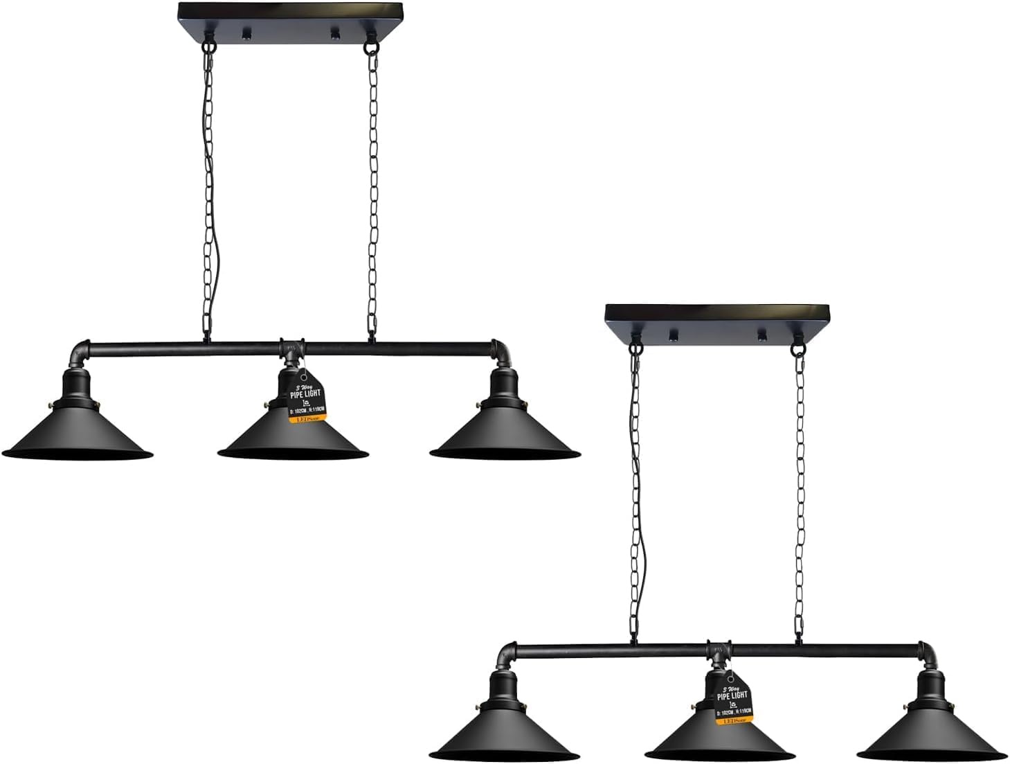 DC VOLTAGE 2Pack Industrial Suspended Ceiling Pendant 3 Lamp Black Metal Water Pipe Vintage 22cm Shade with Hanging Chain Light Fitting for Living Room Home Decor & Improvement Essential