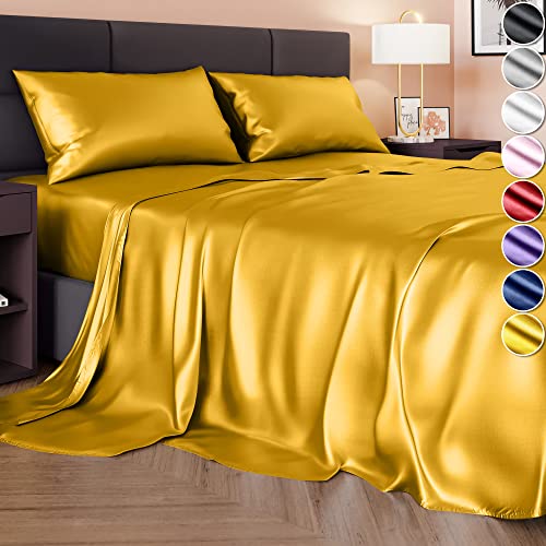 Parure de lit en satin pour lit double (4 pièces, 8 couleurs), parure de lit en satin soyeux avec 2 taies d'oreiller, drap-housse en satin doré, draps en satin taille complète Cover