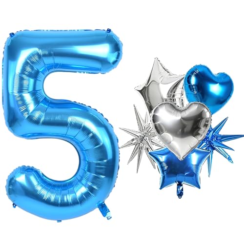 Image of TONIFUL 5th Birthday Balloons Kit 40 Inch Blue Large Number 5 Foil Balloon | with 18Inch Helium Mylar Heart Star Shaped Balloons for Boy Men Birthday Anniversary Graduation New Year Eve Party Decoration