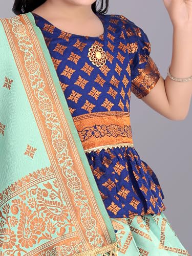 Image of Girls Pattu Pavadai Ready to Wear Lehenga, Blouse & Dupatta Set - Heavy Jacquard Fabric, Fully Stitched