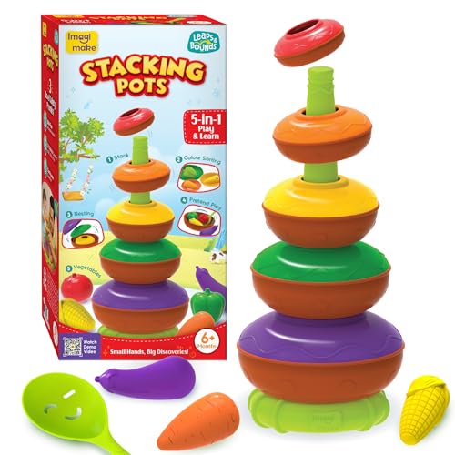 Image of Imagimake Stacking Pots Toys | Leaps & Bounds Baby Toys for 12+ Months | Educational Toy for Toddlers, Infants |5-in-1 Play & Learn | Stacking, Nesting, Pretend Play | Gift for Kids 1+Year Old