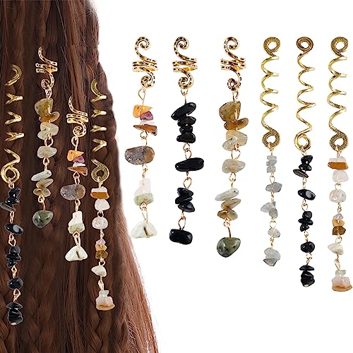 FRDTLUTHW Hair Jewelry Dreadlock Accessories Natura Stone Hair Charms for Braids Hair Ring Crystal Hair Accessories for Women(Black pack of 6)