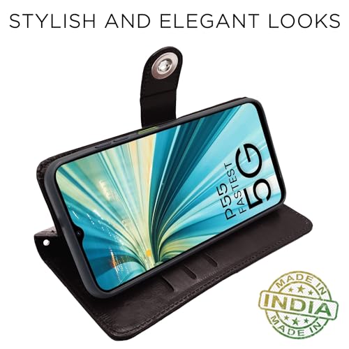 Image of Pikkme itel P55 5G Flip Cover Leather Finish | Inside TPU with Card Pockets | Wallet Stand and Shock Proof | Complete Protection Button Flip Case (Coffee)