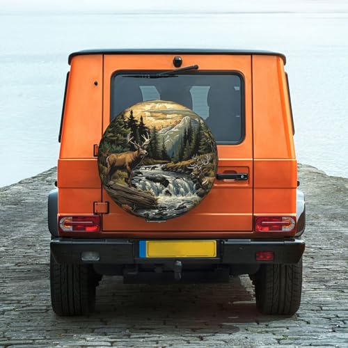 Image of Landscape and Deer Spare Tire Cover Wheel Protectors Weatherproof Deer Pattern Wheel Covers Universal Fit for Trailer RV SUV Truck Camper Travel Trailers Accessories 14 Inch
