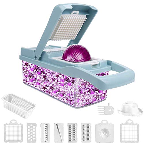 ADOV Mandolina Profesional, 12 en 1 Cortador Verduras Multifuncional, 7 Reemplazable Cuchillas Acero Inoxidable Alimentos Slicer, Mandolina de Cocina para Cortar Fruta Vegetales Patata Cebolla – Azul
