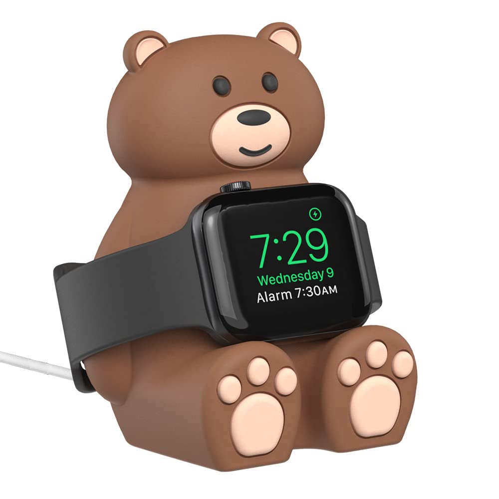 SIKAI CASECute Bear Apple Watch Charger Stand Compatible with Apple Watch Series 9-1 (45mm,44mm,42mm,41mm,40mm, 38mm) Samsung Galaxy Watch 6/5 Soft Silicone,Supports Nightstand Mode,Home/Office Use