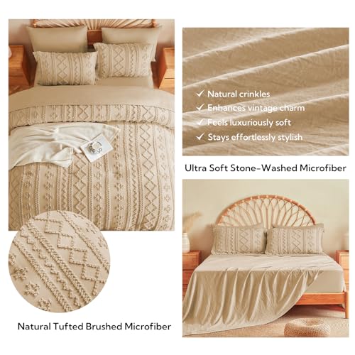 Image of MR&HM 7 Pieces Boho Comforter Set King, Khaki Tufted Boho Bedding Set, Farmhouse Shabby Chic Bed in a Bag with 1 Comforter, 2 Pillow Shams, 2 Pillowcases, 1 Flat Sheet, 1 Fitted Sheet for All Seasons