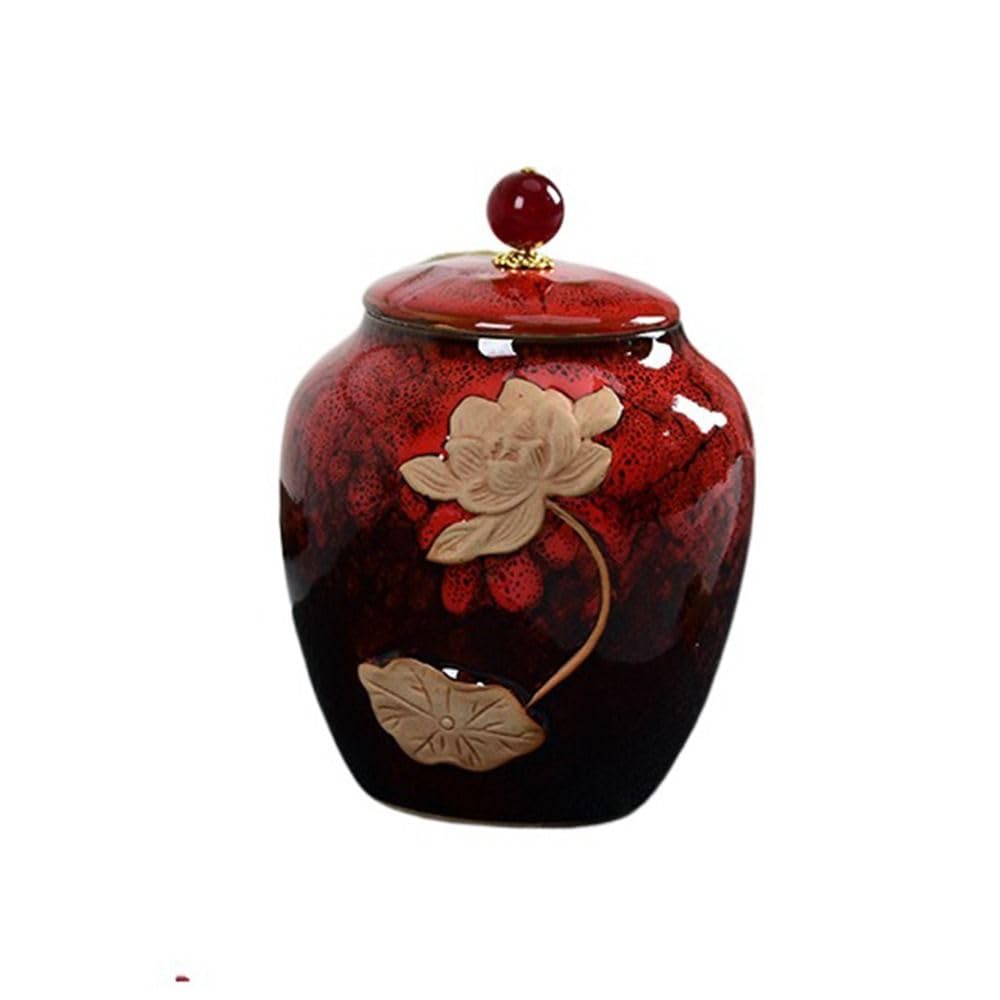 Vintage Tea Jar,Chinese Style Storage Jars,Ceramic Coffee Canisters,Food Storage Container,Sealed Pot with Lid for Kitchen(Red)