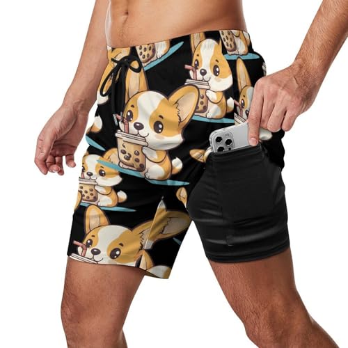 Corgi Dog Puppy Pearl Milk Tea Beach Shorts for Men Swim Trunks Quick Dry Swim Shorts with Compression Liner Pocket2