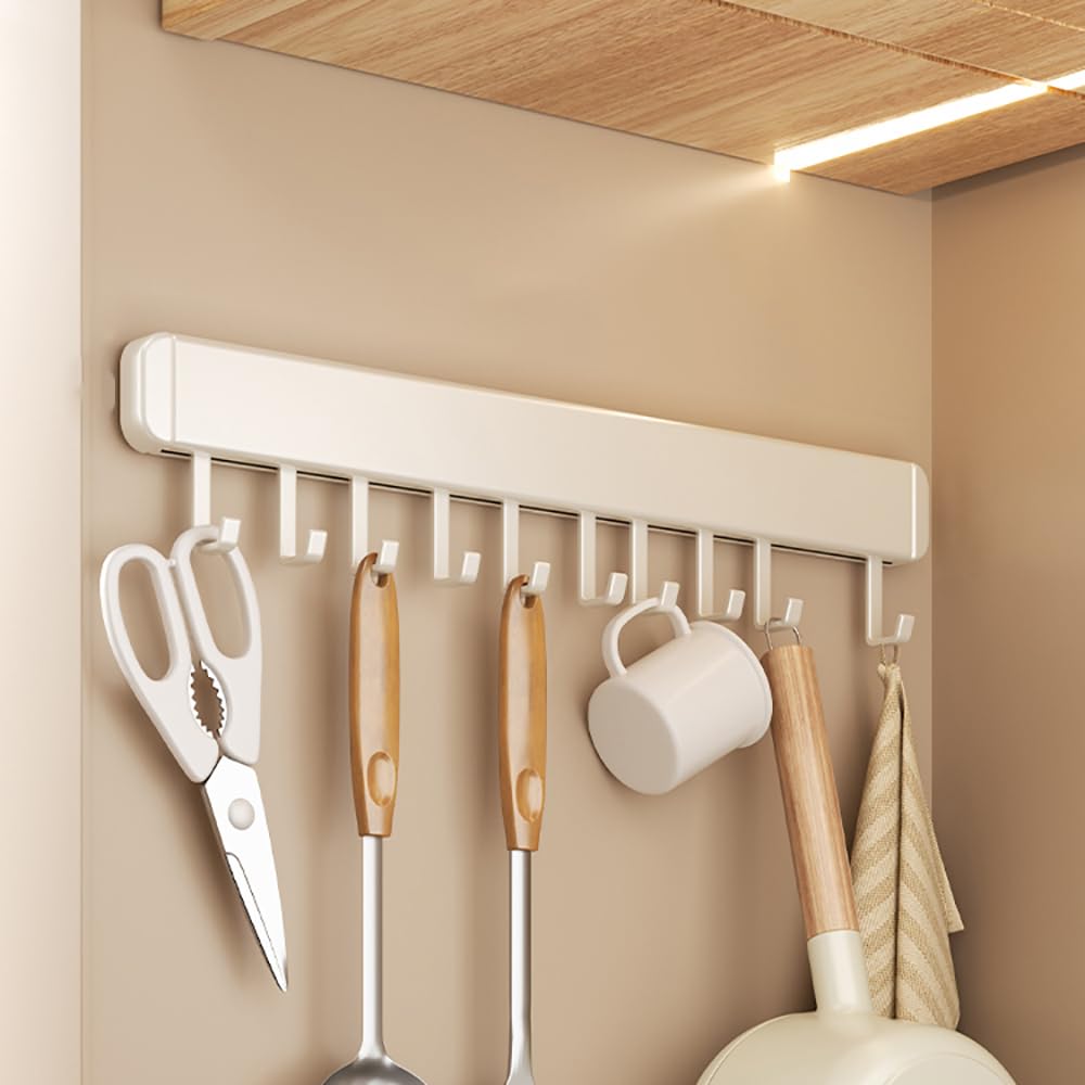 Xyagyund White Hanging Pot Rack, Kitchen Utensils Holder,Utensil Hanging Racks Wall Mounted,Self Adhesive Under Cabinet Tools Hanger Organizer Hook Punch For Bathroom(,With 10 Hooks 50Cm)