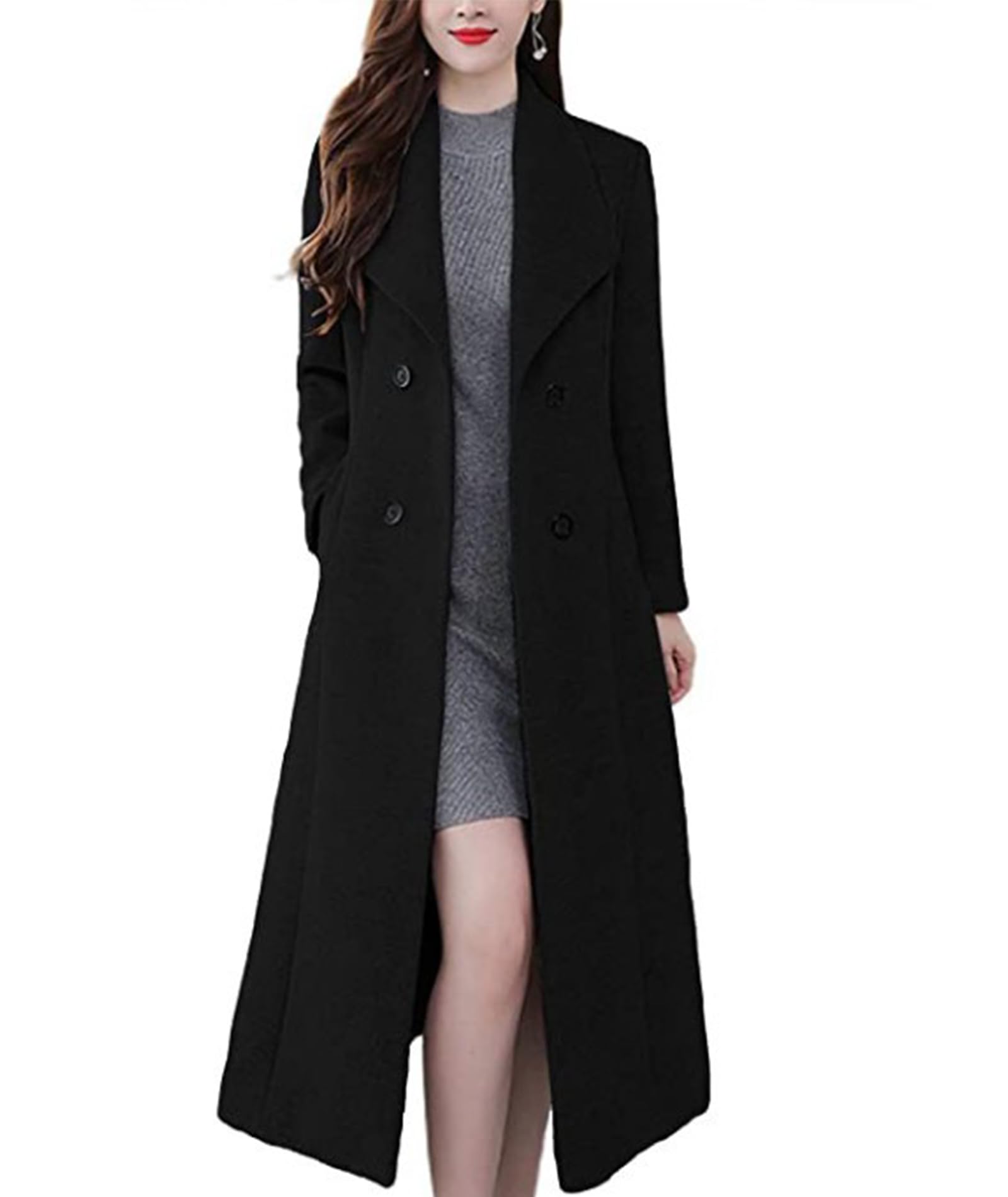 Sexyshine Womens Winter Double Breasted Maxi Pea Coat Long Sleeve Shawl Collar Long Warm Wool Work Trench Coat