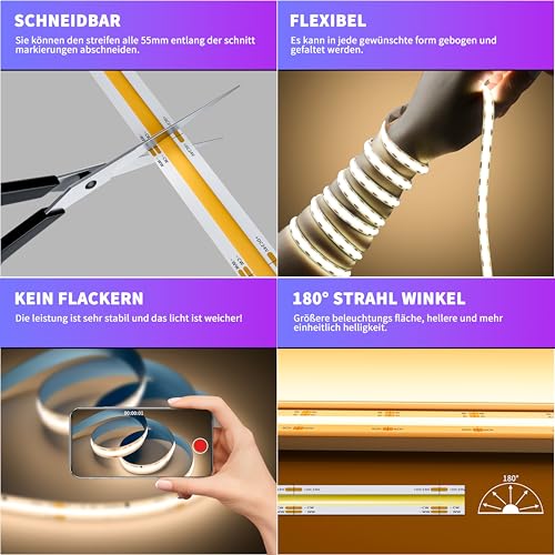 OULARA COB LED Streifen 8M Dimmbar Warmweiß Kaltweiß 2700K-6500K,576LEDs/m 24V LED Strip Lights CRI90+ für Schlafzimmer Küche Zuhause DIY Beleuchtung(No Netzteil und Dimmer)