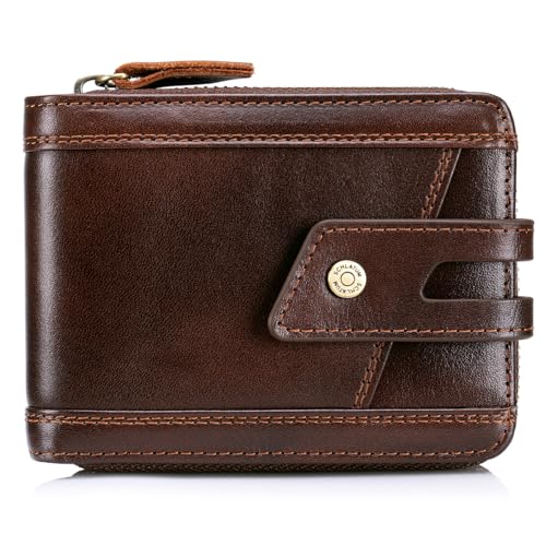 Image of Genuine Leather Wallets for Men with Zipper RFID Blocking Large Capacity Retro Mens Wallet with Coin Pocket ID Window, Brown